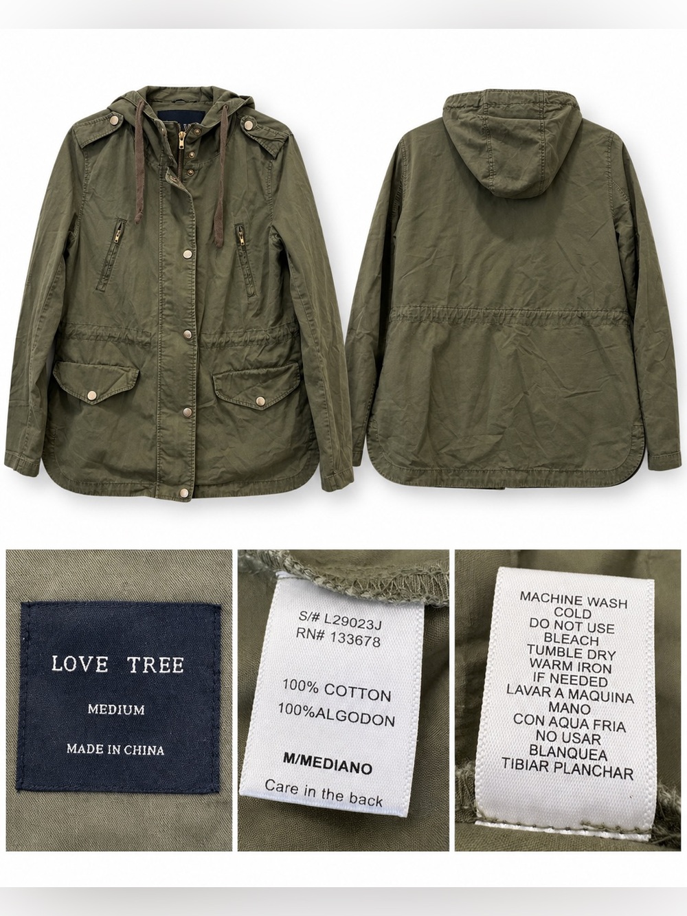 Love Tree Olive Green Hooded Utility Jacket Women’s Medium 100% Cotton